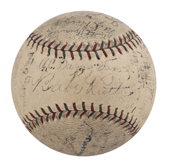 1926 American League Champion New York Yankees vs. Brooklyn Robins Team Signed OAL Johnson Baseball With 25 Signatures Including Babe Ruth, Lou Gehrig and Miller Huggins (JSA)